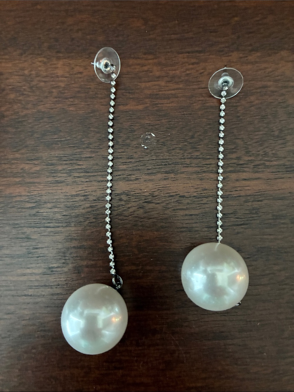 Elegant White Pearl Drop Earrings with Small Crystal Chain